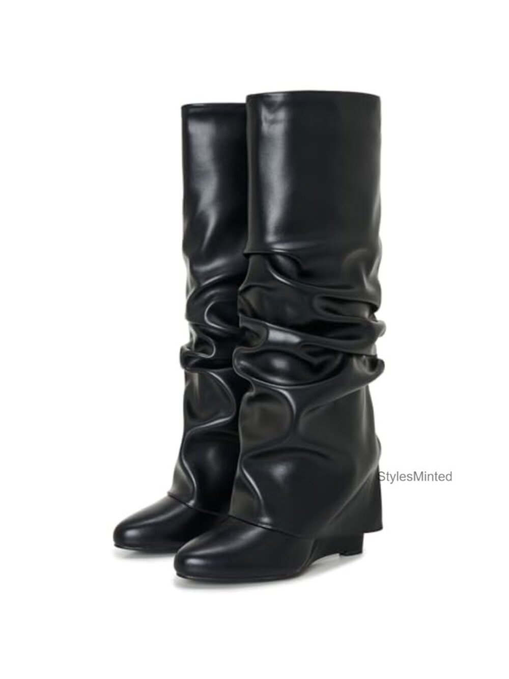 Fold Over Over-the-Knee Wedge Boots with Hidden Heel PU Faux Leather Pull-On